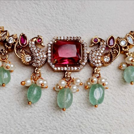 Handmade Brass Metal Jewellery Pink Peacock Necklace Set